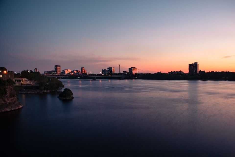 The city skyline at dusk